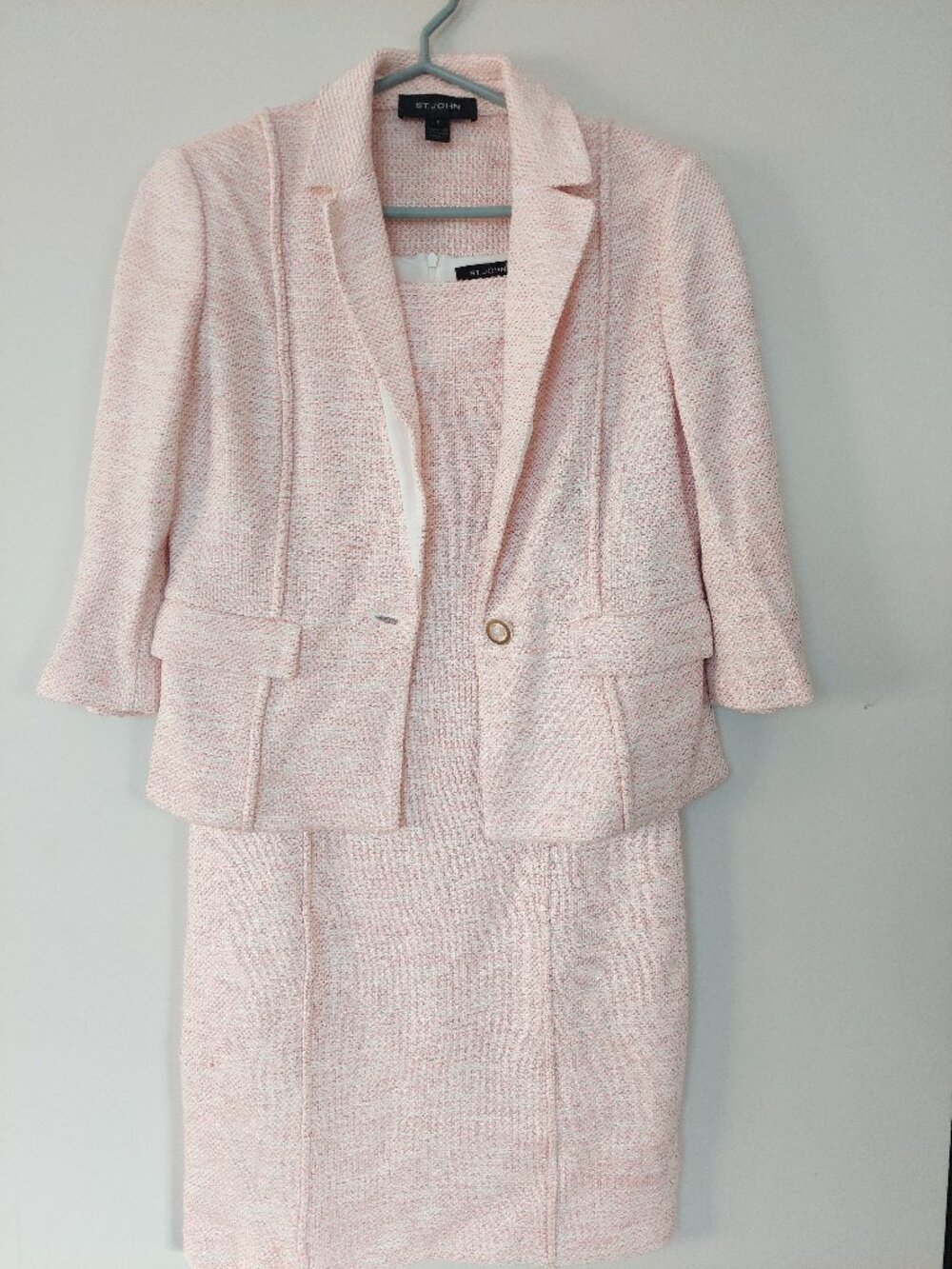 ST. JOHN Women's Sz 8 2PCS Tweed Knit 2Pc Jacket & Dress Suit Pink White
